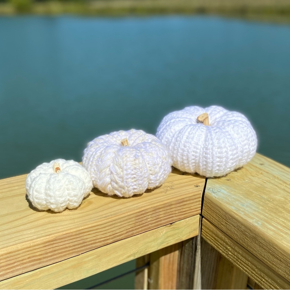 Crochet stacking pumpkin trio Neutral fall decor handmade one set - Picture 7 of 9